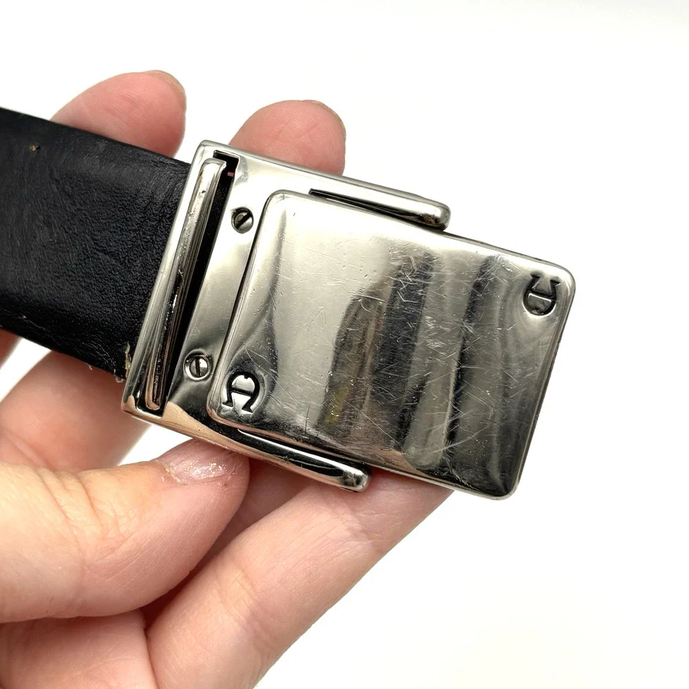 1970s Etienne Aigner Plate Buckle Reversible Black/Brown Leather Belt 34 Italy